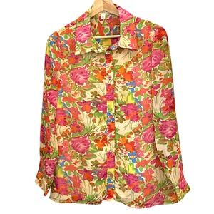 Vintage Norm Thompson Floral Button Blouse Petite Small Cottagecore Garden Shirt
